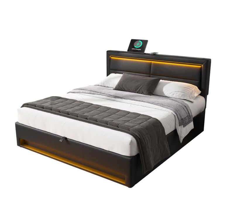 Lit 140x190cm, Lit Adulte, Lit Double, Sommier, Lit Coffre, Tête De Lit, LED, USB, Pu, Métal, Noir