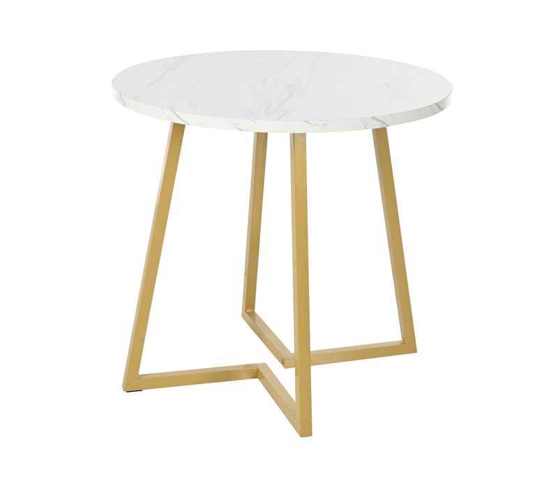 Table à Manger Ronde Avec Plateau En Mdf Motif Marbre Et Pieds Métal – Blanc Et Doré