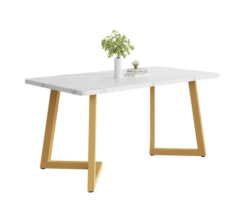 Table à Manger Rectangulaire Avec Plateau Effet Marbre Et Pieds Métal Doré – Blanc/doré