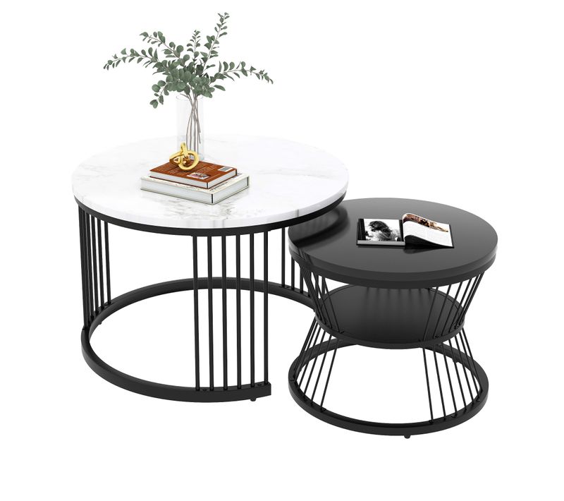 Tables Basses - Tables Gigognes Rondes Lot De 2, Plateaux Effet Marbre, Cadre Métal Robuste, Noir