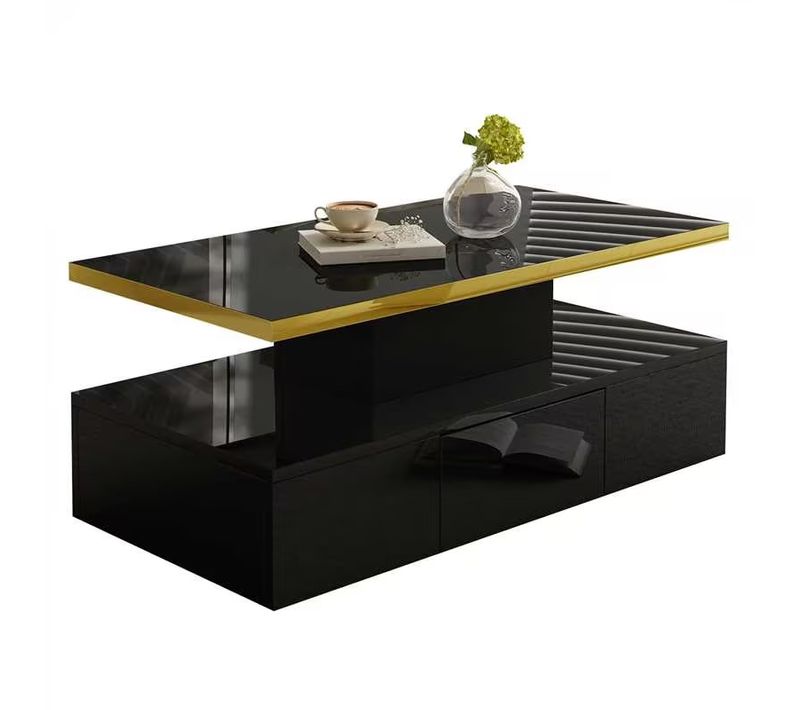 Table Basse Avec LED Et Tiroir, Niveaux De Rangement, Panneaux De Particules, Noir