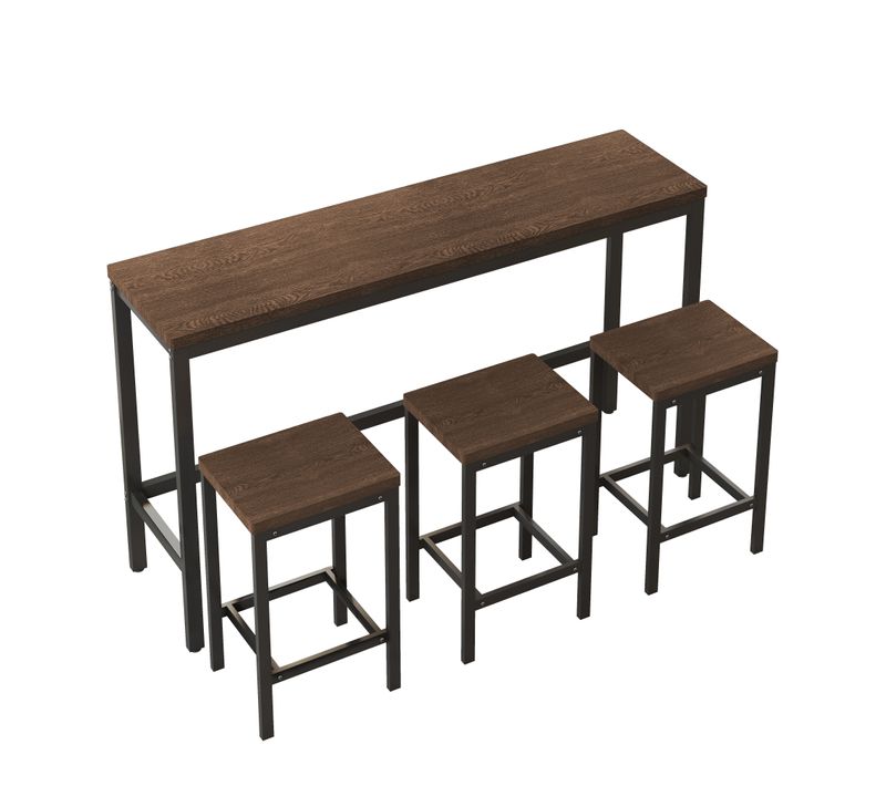 Ensemble Table Et Chaises Salle à Manger, Rectangulaire + 3 Tabourets, Mdf Et Métal - Brun Foncé