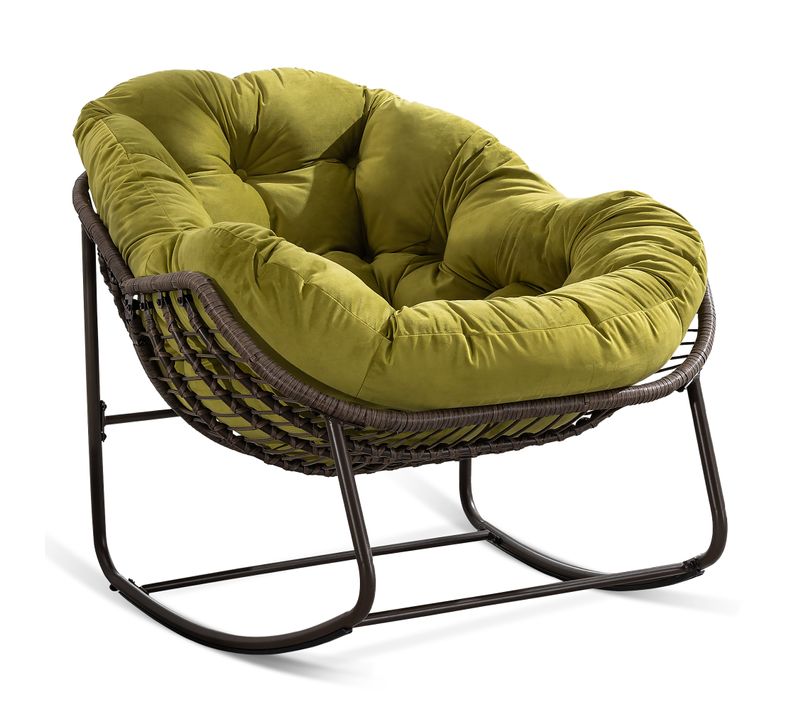 Rocking Chair Oeuf Avec Coussin Rembourré En Velours Cadre Acier Pour Jardin Et Salon - Vert Olive