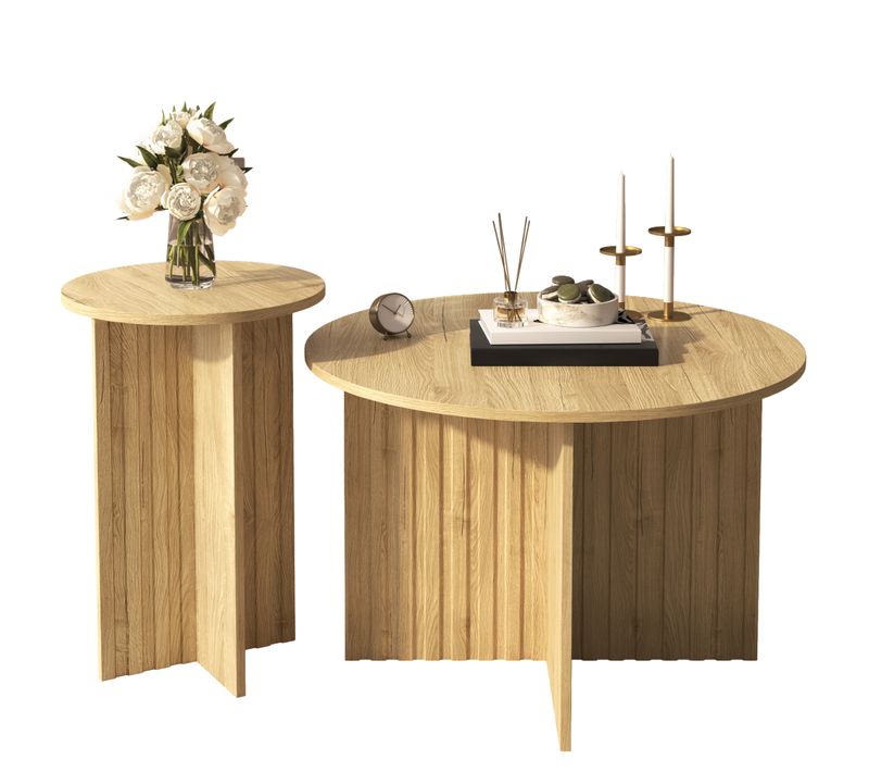Table Basse, Table Basse Ronde 2 Pièces Avec Tables Gigognes Nordique Pour Salon - Naturel
