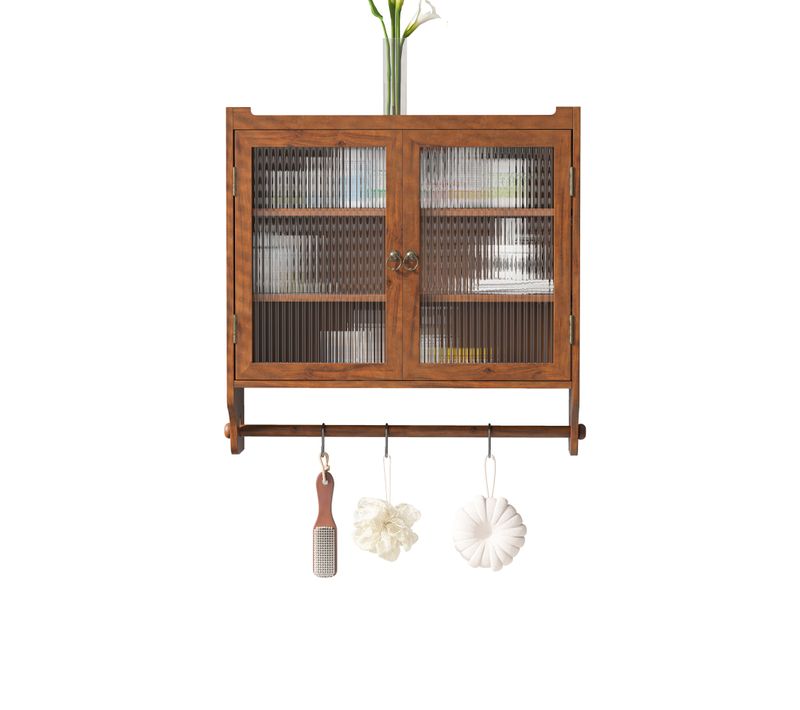 Armoire Murale Vintage, Porte-serviettes, Vitrées, Bois Massif, 3 Étagères, Brun