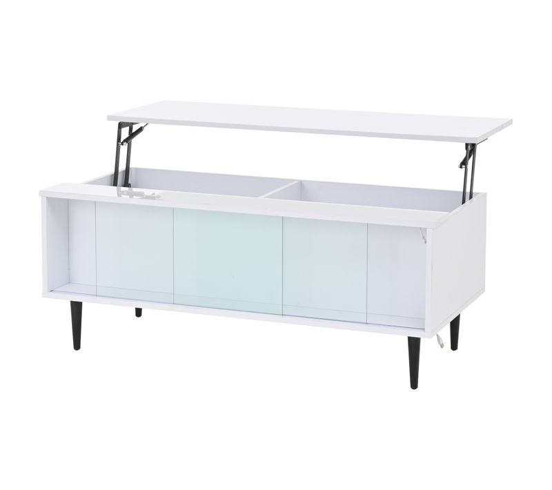 Table Basse Relevable, LED, Rangement Caché, Plateau Élévateur, Vitrine Verre Trempé, Blanc