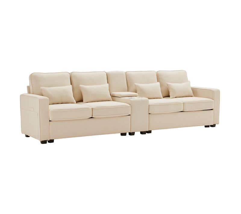 Canapé Droit 4 Places, Méridienne, Coussins Amovibles, Accoudoirs Poches, Lin - Beige