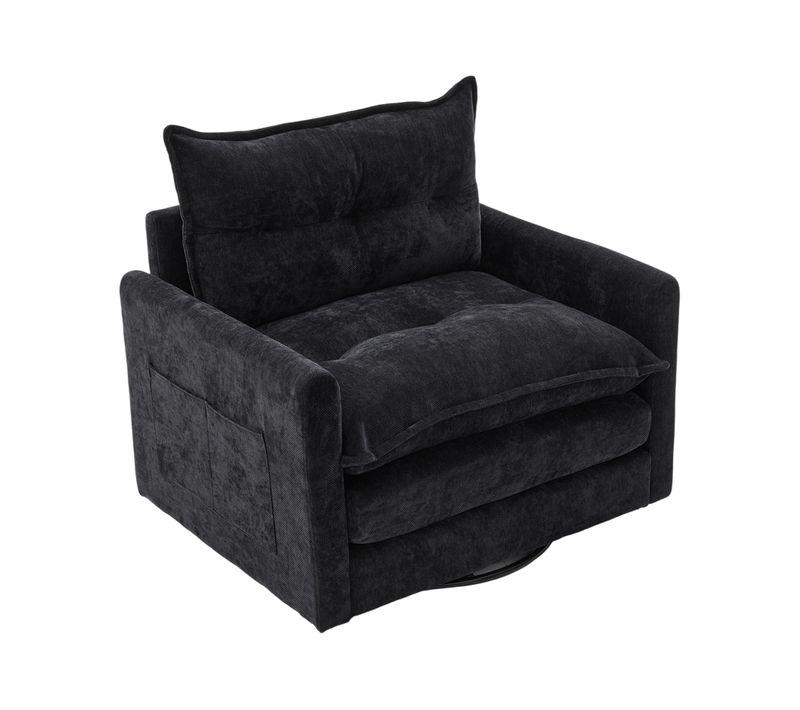 Fauteuil Pivotant 360° Avec Coussins - Style Moderne Confortable - Revêtement Chenille Doux - Noir