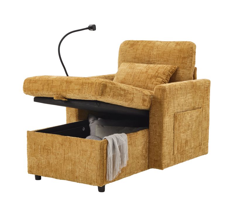 Fauteuil Fixe 1 Place Avec Rangement, Dossier Rabattable, Revêtement Chenille, Jaune Moutarde