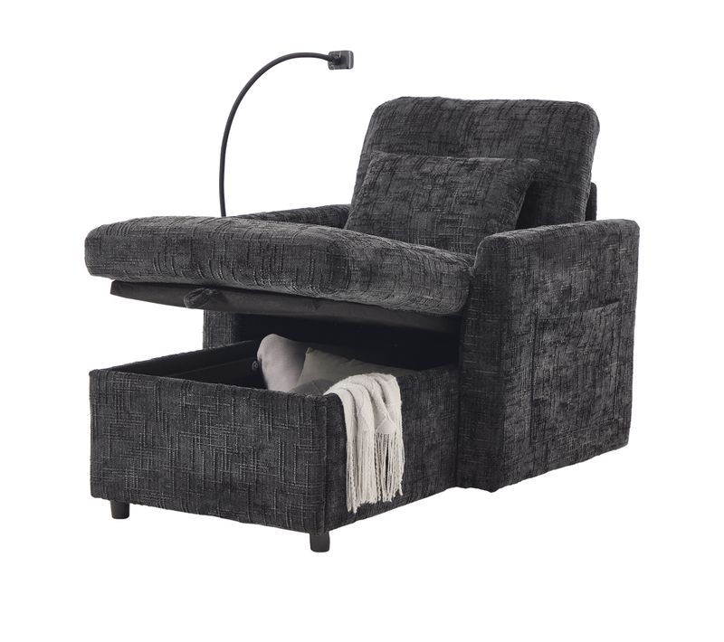 Fauteuil Fixe 1 Place Avec Rangement, Dossier Rabattable, Revêtement Chenille, Noir