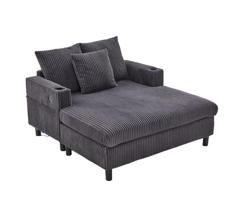 Canapé Fixe 2 Places Avec Porte-gobelets Latéraux, Ports USB Et Éclairage LED - Velours - Gris Foncé