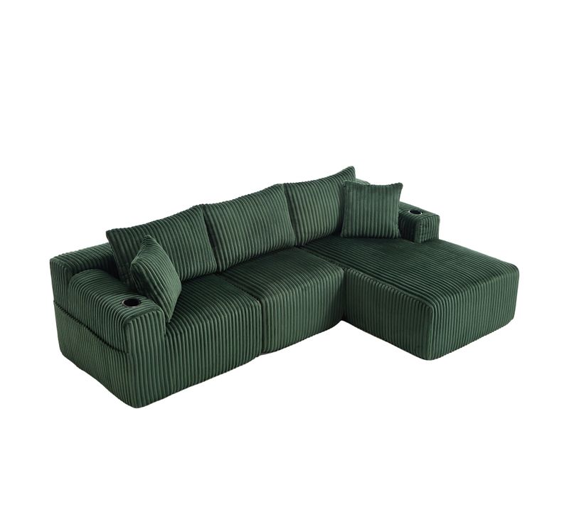Canapé D’angle Modulable, Méridienne, Velours Côtelé, Poches et Porte-gobelet, 5 Coussins - Vert