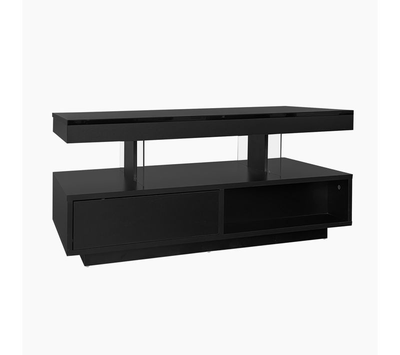 Table Basse LED, 2 Tiroirs, 2 Niches Ouvertes, Laquée Brillante, Plaques Verre, Salon Moderne, Noir