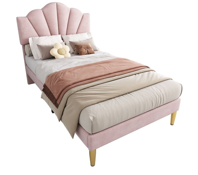 Lit Simple 90x200 Cm, Lit Capitonné Avec Tête De Lit Coquillage Réglable Et Pieds Dorés - Rose