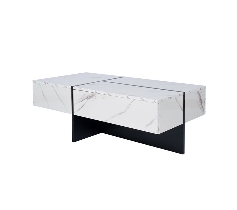 Table Basse Moderne Effet Marbre, LED Pilotée Via Appli, 3 Tiroirs, Panneaux Particules, Blanc