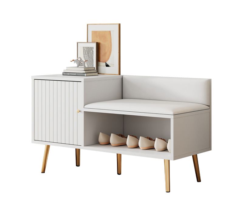 Meuble à Chaussures Moderne Avec Banc, Rangement, Assise Rembourrée, Dossier, Poignées Métal, Blanc