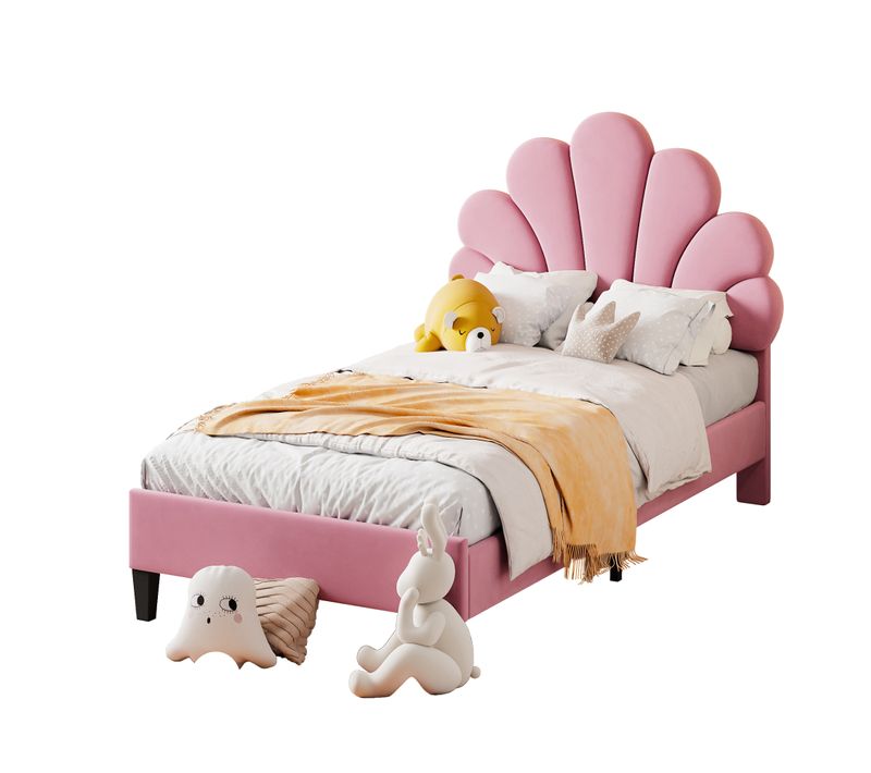 Lit Simple Enfant 90x200 Cm - Lit Avec Tête De Lit Fleur Et Sommier à Lattes - Mdf - Velours Rose