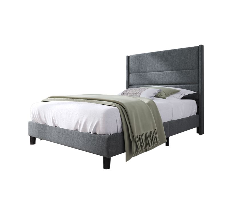 Lit Simple 90x200 Cm - Capitonné Avec Tête De Lit - Lin - Gris Foncé