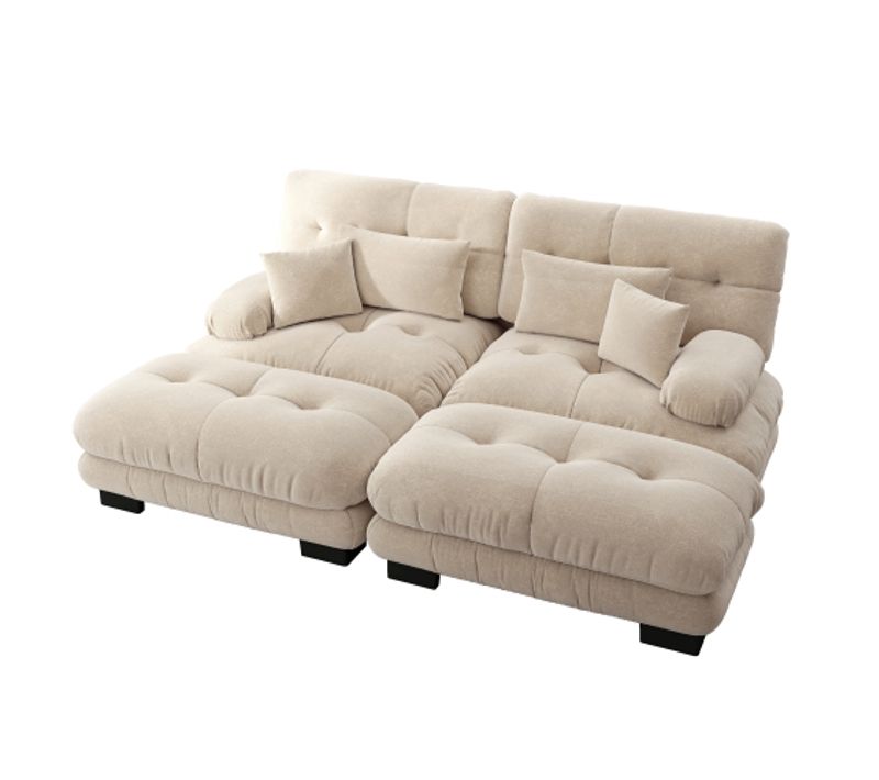 Canapé 2 Places, Canapé En Chenille Marron Clair Avec 2 Coussins Lombaires, 2 Oreillers Et 2 Poufs