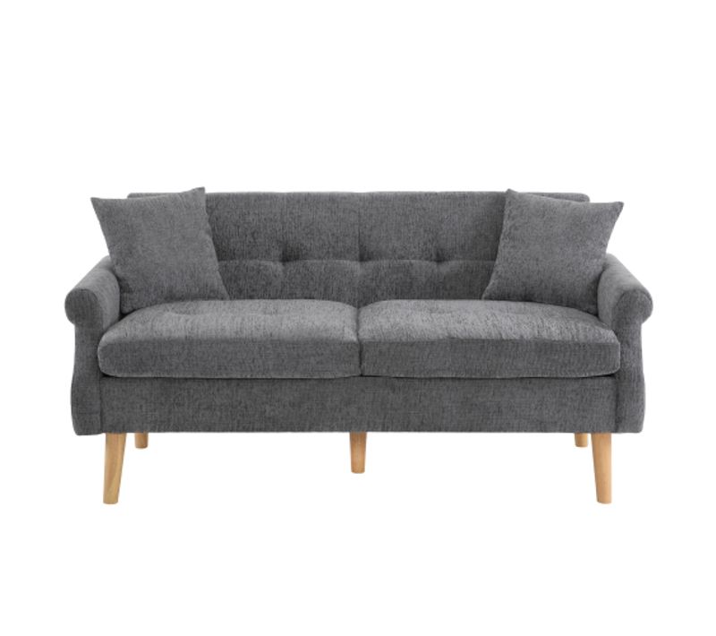 Canapé 2 Places, Canapé En Chenille Gris Avec Coussins Épais, Pieds En Bois