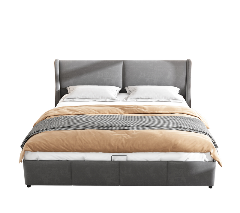 Lit 160x200cm, Lit Coffre, Lit 2 Places, Lit Adulte, Tête De Lit, Sommier, Velours, Métal, Gris