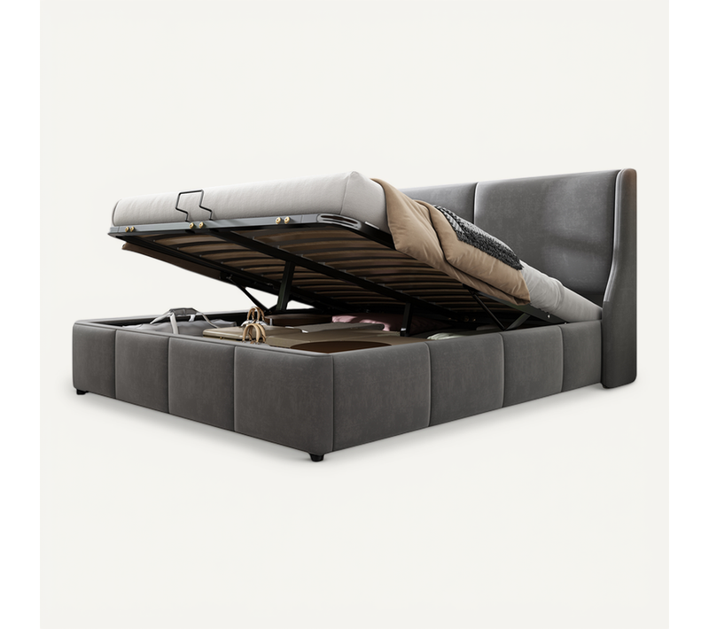 Lit 180x200cm, Lit Coffre, Lit 2 Places, Lit Adulte, Tête De Lit, Sommier, Velours, Métal, Gris