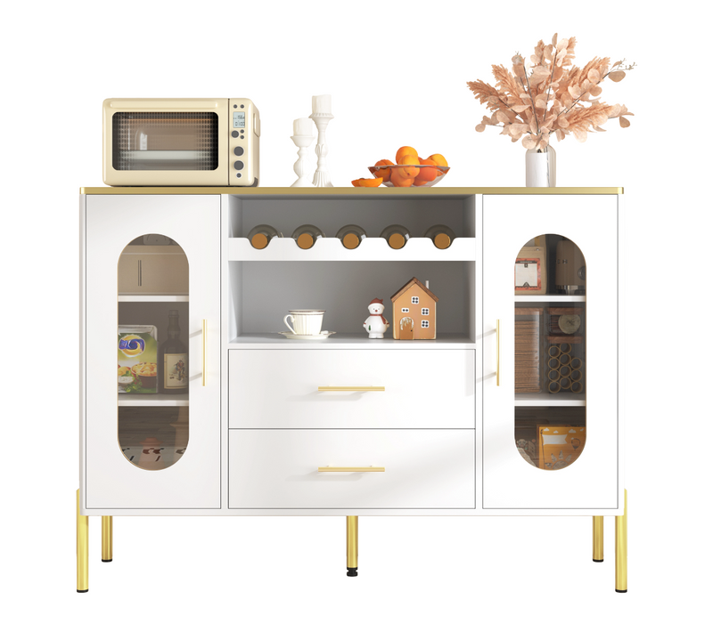 Buffet Bas 120x38x90 Cm, 2 Tiroirs, 2 Portes En Verre Ovales, Vin Intégré, Mdf, Blanc+ Doré