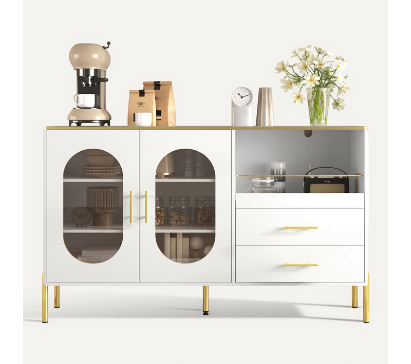 Buffet Bas 140x38x90 Cm, 2 Tiroirs, 2 Portes En Verre Ovales, Moderne, Mdf, Blanc+ Doré