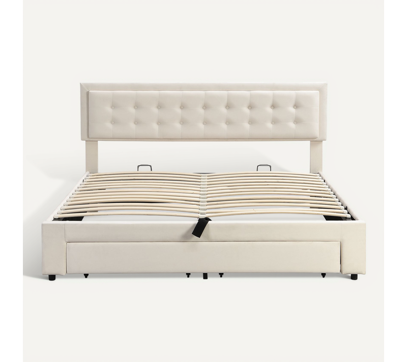 Lit Coffre 160x200cm, Lit Double, Tiroir Intégré Et Rangement, Tête De Lit, En Velours, Beige