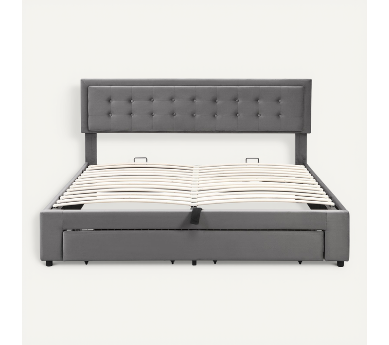 Lit Coffre 180x200cm, Lit Double En Velours Gris, 2 Tiroirs, Tête De Lit, Espace De Rangement