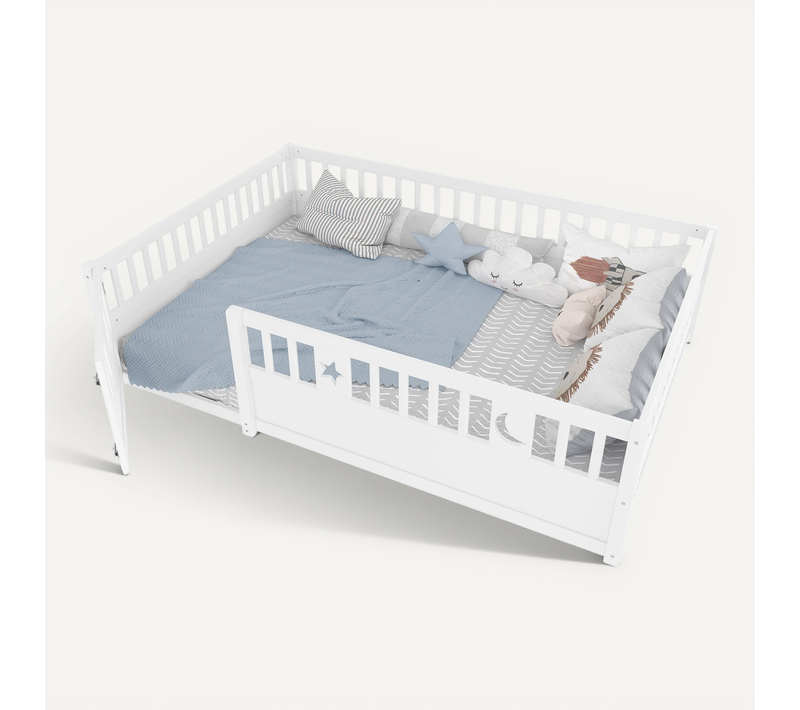 Lit 140x190cm, Lit 2 Places, Lit Enfant, Grille De Sécurité, Sans Sommier, Bois, Blanc
