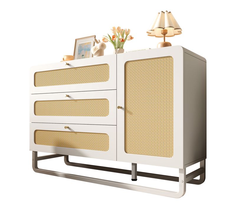 Buffet Bas 120x40x85 Cm, 1 Porte, 3 Tiroirs, Naturel, Étagères Réglables, Mdf, Métal, Blanc+bois