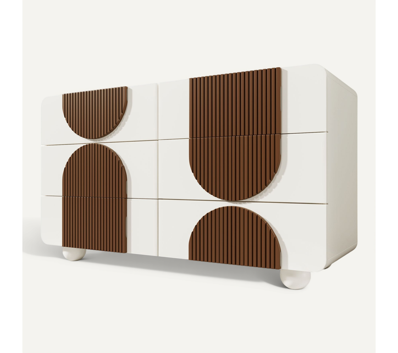 Buffet Bas 121x41x71cm, 6 Tiroirs, Moderne, Système Anti-bascule, Mdf, Bois, Blanc+marron