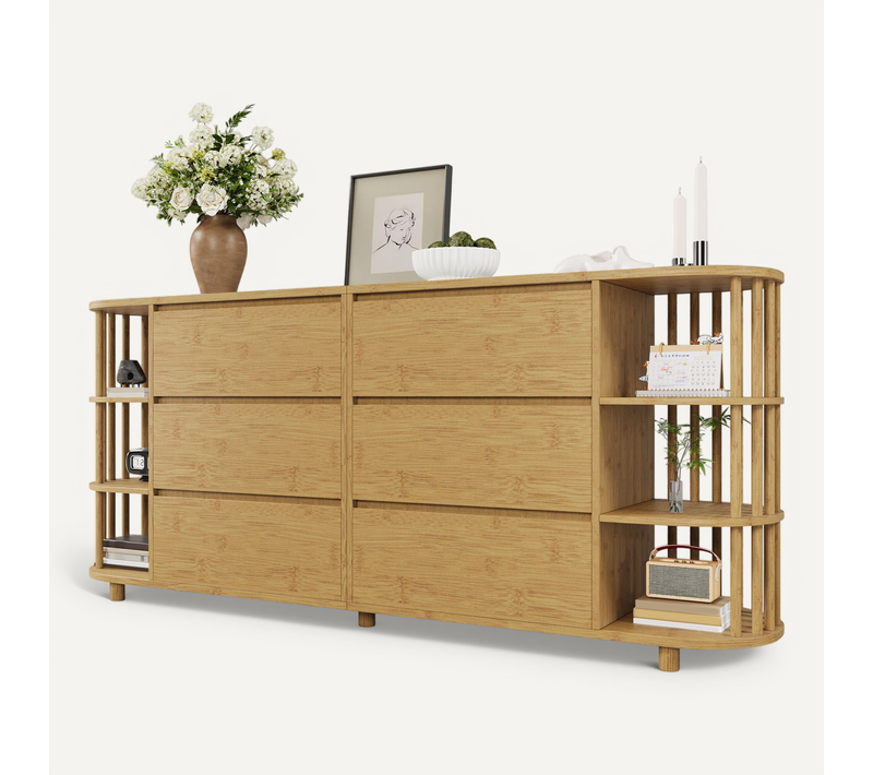 Buffet Bas 160x40x75cm, 6 Tiroirs, Naturel, Système Anti-bascule, Bambou, Mdf, Couleur Bois