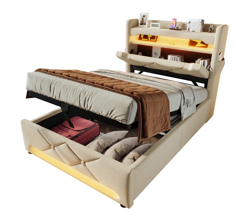 Lit Coffre 90x200cm, Lit Simple, LED, Porte Abattante, Poche Latérale, Ports De Recharge, Lin, Beige