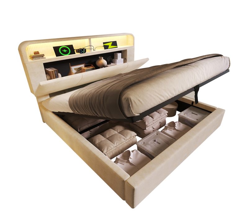 Lit Coffre 140x200cm, Lit Double, LED, Ports De Charge, Tête De Lit Avec Rangement, Velours, Beige