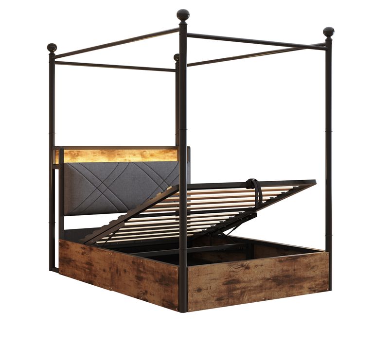 Lit Baldaquin 90*190cm, Lit Coffre, Ports De Charge, LED, Tête De Lit, En Mdf Et Fer, Noir Et Brun