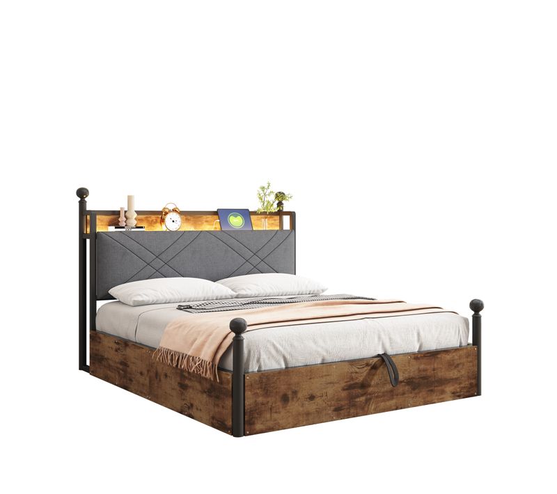 Lit Baldaquin 140*190cm, Lit Coffre, Tête De Lit, Ports De Charge, LED, En Mdf Et Fer, Noir Et Brun