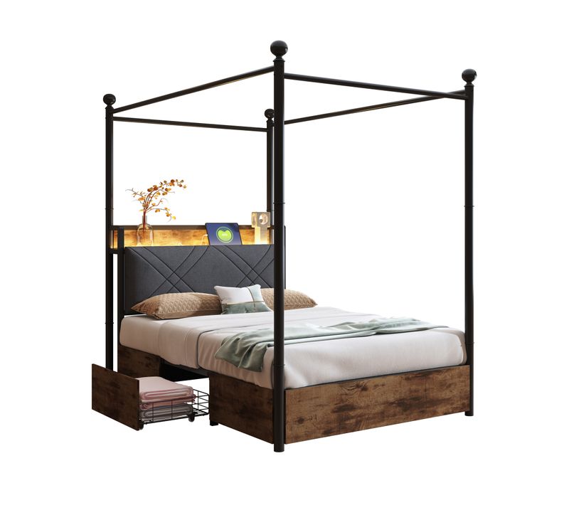 Lit Baldaquin 90x190cm, Lit Simple, Port De Charge, Tiroir, LED, Tête De Lit, Mdf, Fer, Noir Et Brun