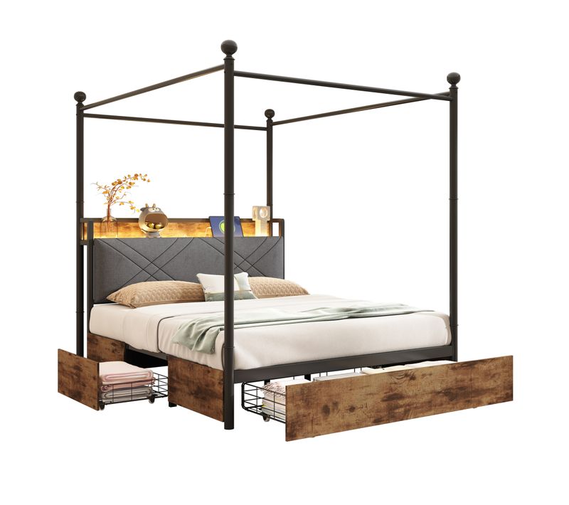 Lit Baldaquin 140x190cm, Lit Double, 3 Tiroirs, Ports De Charge, LED, Mdf, Fer, Noir Et Brun