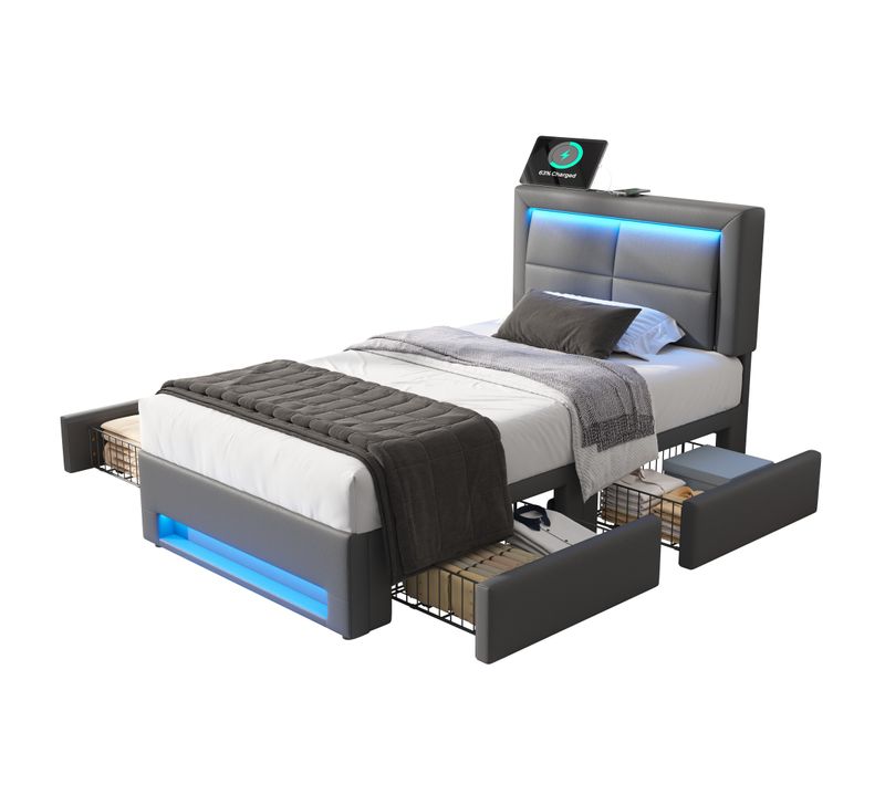 Lit Double 90x190cm, Lit Simple, 4 Tiroirs, Port USB, LED, Tête De Lit, En Pu, Mdf Et Fer, Gris