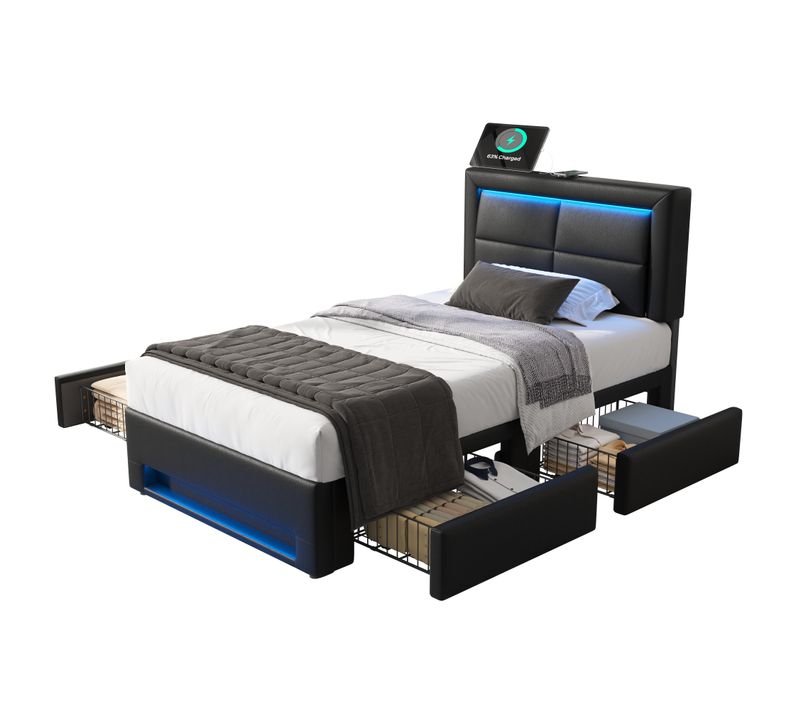 Lit Double 90x200cm, Lit Simple, 4 Tiroirs, Tête De Lit, Port USB, LED, En Pu, Mdf Et Fer, Noir