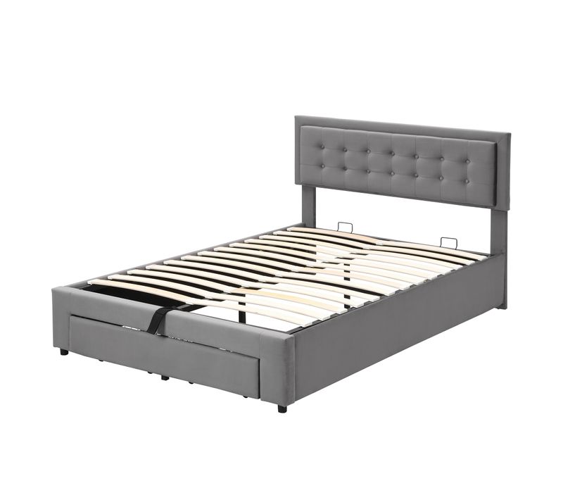Lit Coffre 140*190cm, Lit Double, Tête De Lit, 2 Tiroirs à Roulettes, Pieds En Métal, Velours, Gris