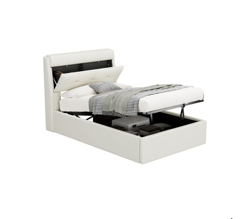 Lit 90x200cm, Lit Coffre, Lit 1 Place, Lit Adulte, Sommier, Tête De Lit, Moderne, Pu, Blanc