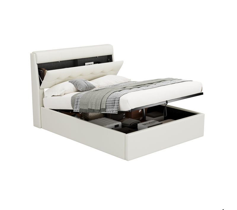 Lit 140x200cm, Lit 2 Places, Lit Coffre, Lit Adulte, Sommier, Moderne, Tête De Lit, Pu, Blanc