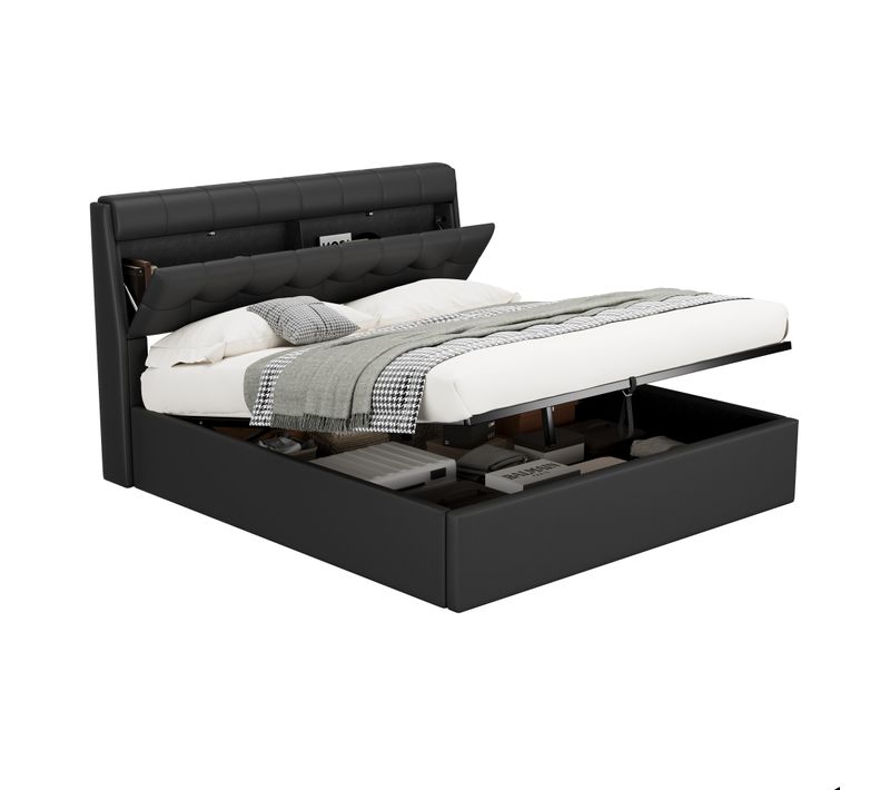 Lit 160x200cm, Lit 2 Places, Lit Coffre, Lit Adulte, Sommier, Moderne, Tête De Lit, Pu, Noir