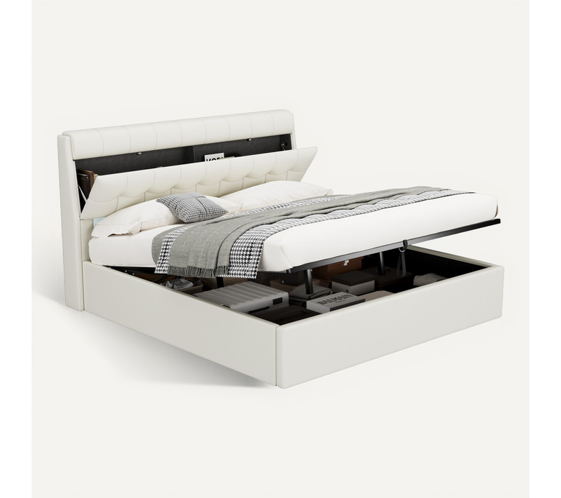 Lit 180x200cm, Lit Double, Lit Coffre, Lit Adulte, Sommier, Moderne, Tête De Lit, Pu, Blanc