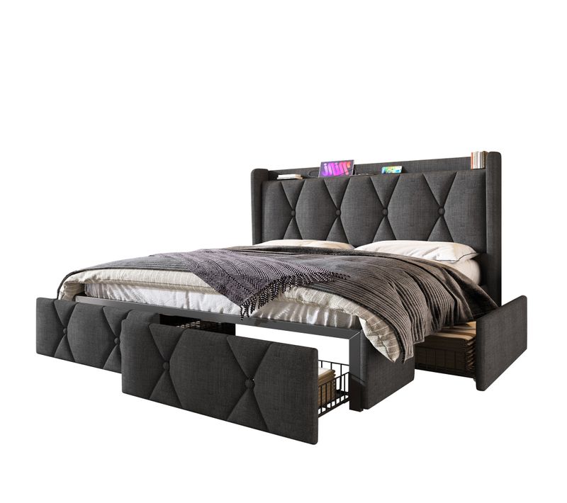 Lit 160x200cm, Lit Double, Sommier, 4 Tiroirs, Tête De Lit, Moderne, USB, Lin, Gris Foncé