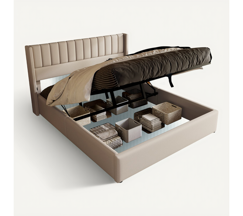 Lit 140x200cm, Lit 2 Places, Lit Coffre, Tête De Lit, Sommier, Moderne,lin, Métal, Bois, Beige