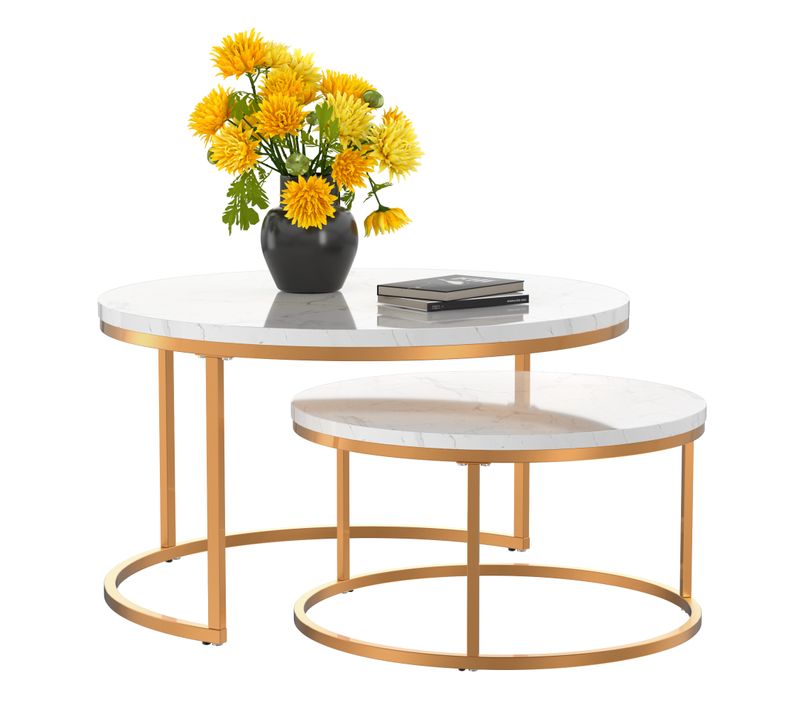 Table Basse Gigogne 2 Pièces - Tables Rondes Empilables Avec Plateau Mdf Facile à Nettoyer - Or